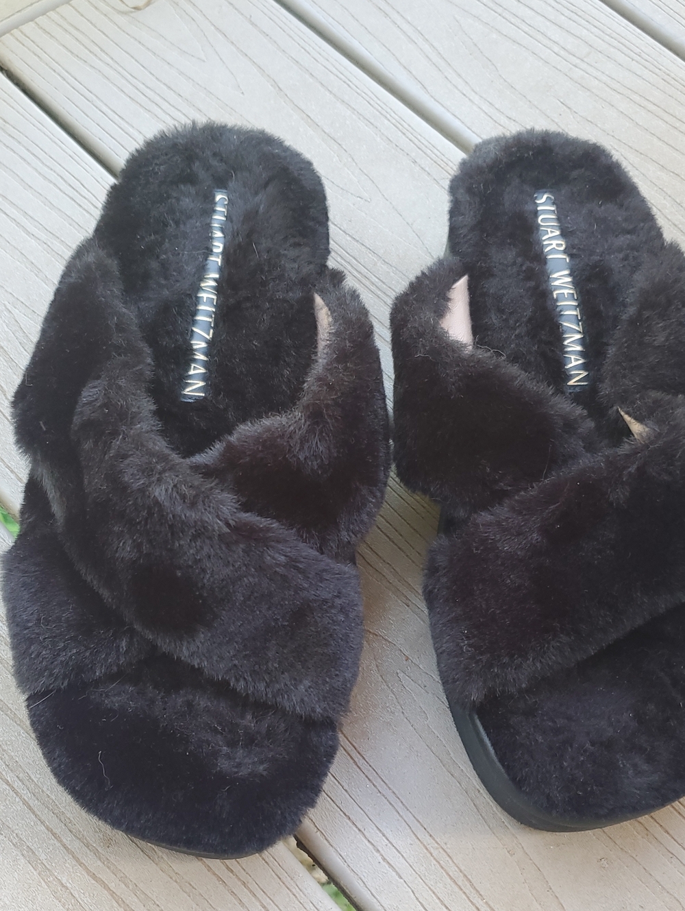 Stuart Weitzman Black Faux Fur Crisscross Slide Slippers